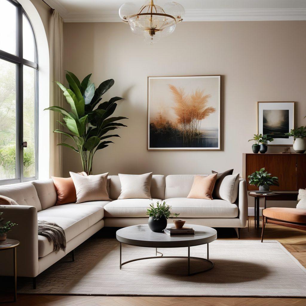A beautifully styled living room featuring modern furniture that blends elegance and comfort. Incorporate melancholic decor elements like soft, muted colors, vintage art pieces, and gentle lighting to create a cozy atmosphere. Showcase a lush indoor plant to add a touch of nature. Ensure the setting feels inviting yet chic, perfect for relaxation and reflection. vibrant colors. super-realistic. natural light.