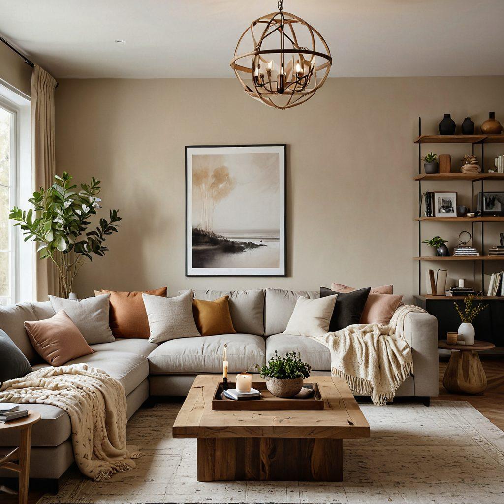 A beautifully arranged modern living room highlighting comfort, featuring a plush sofa, elegant lighting, and soothing decor elements. Incorporate warm colors and natural textures to evoke emotional connections, such as cozy blankets and curated art pieces. The room should feel inviting and homely, showcasing a balance of aesthetics and comfort. super-realistic. warm tones. inviting atmosphere.